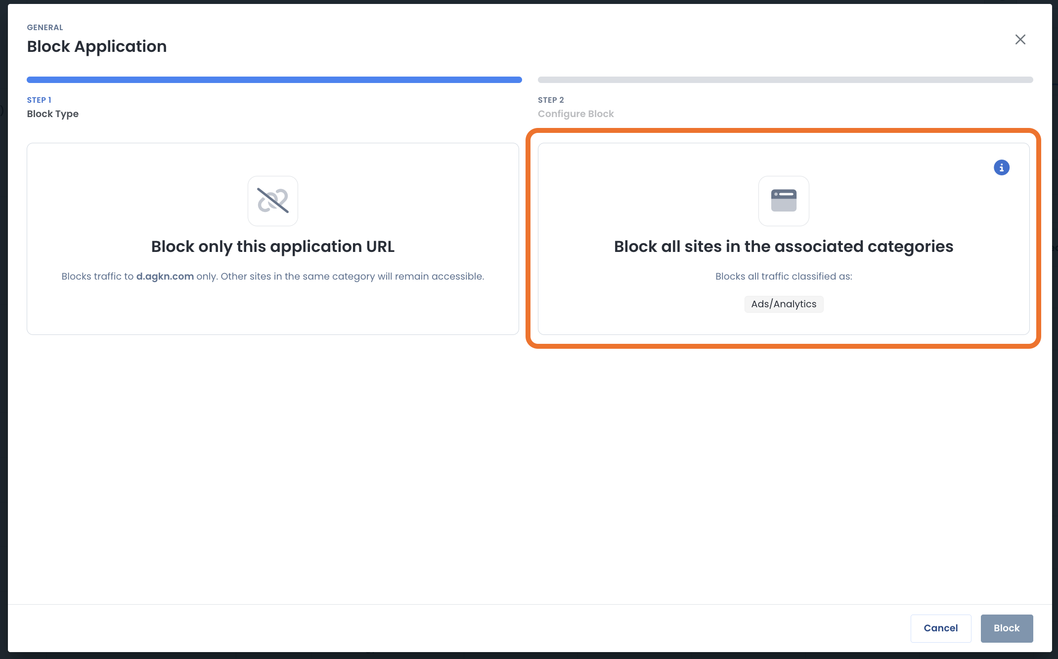 Options to block all sites in associated categories.